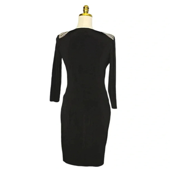 CACHE | Black Faux Wrap Shoulder Embedded Ruched Cocktail Mini Dress Size S - Picture 7 of 10